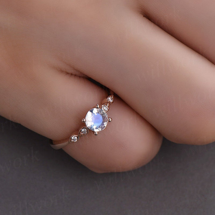 5mm round natural moonstone ring gold vintage moonstone engagement ring 14k rose gold June birthstone art deco wedding women bridal ring