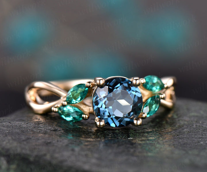 London blue topaz engagement ring yellow gold topaz  ring art deco emerald ring gold vintage marquise wedding women gift brial ring jewelry