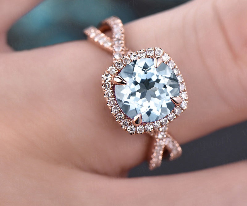 8mm aquamarine ring gold vintage aquamarine engagement ring rose gold halo diamond infinity twisted unique March birthstone wedding ring