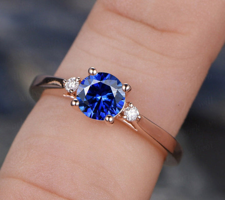 Three stone sapphire engagement ring rose gold sapphire ring vintage gold diamond ring September birthstone wedding bridal promise ring gift