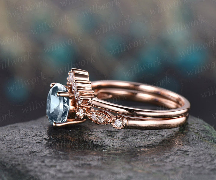 2pc aquamarine ring gold vintage aquamarine engagement ring set rose gold marquise diamond crown matching stacking wedding bridal ring set