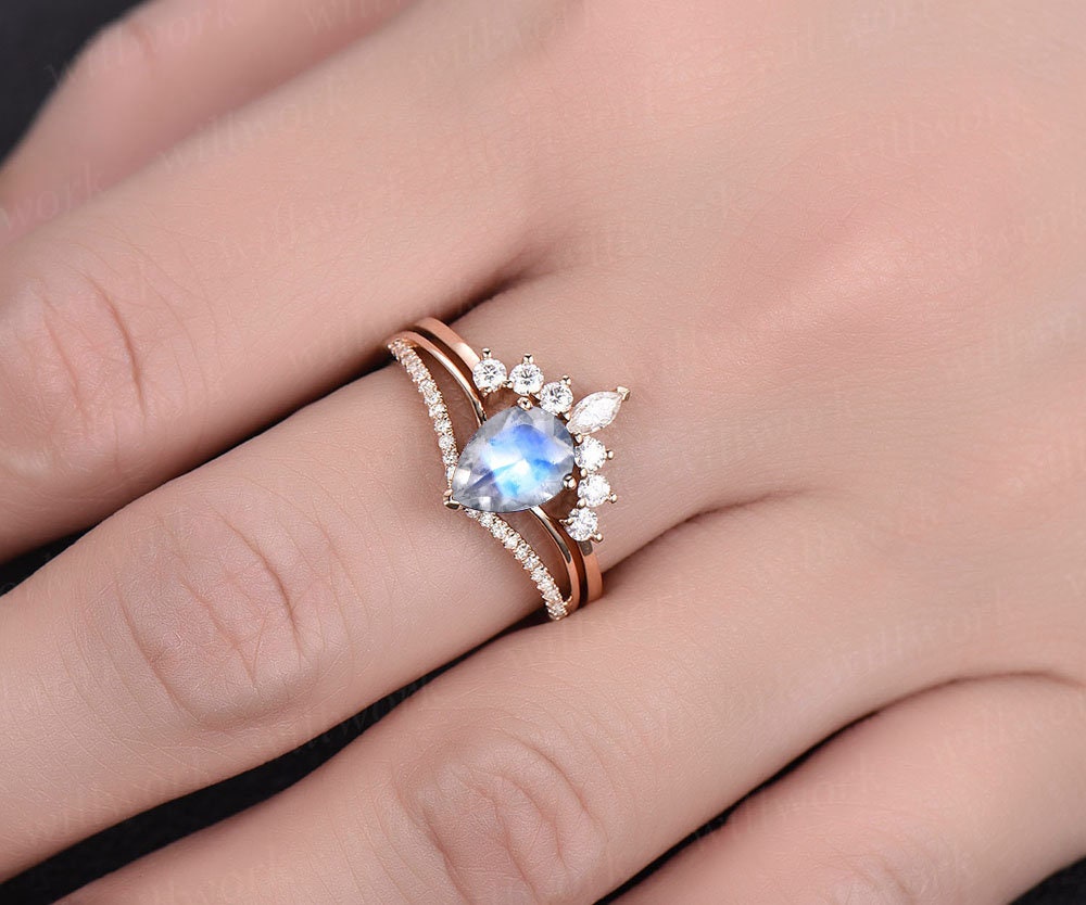 2pc natural moonstone engagement ring set rose gold diamond moissanite ring band marquise vintage stack crown women wedding bridal ring set