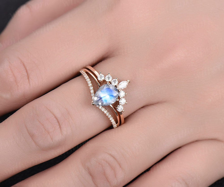 2pc natural moonstone engagement ring set rose gold diamond moissanite ring band marquise vintage stack crown women wedding bridal ring set