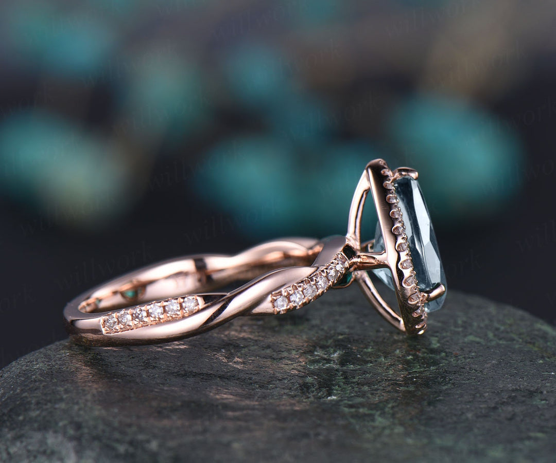 7x9mm pear aquamarine engagement ring rose gold vintage infinity diamond halo ring March birthstone gift women bridal wedding ring jewelry