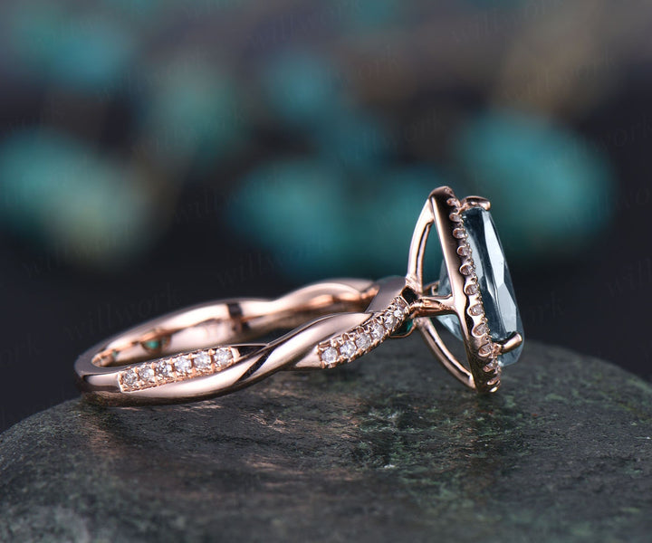 7x9mm pear aquamarine engagement ring rose gold vintage infinity diamond halo ring March birthstone gift women bridal wedding ring jewelry