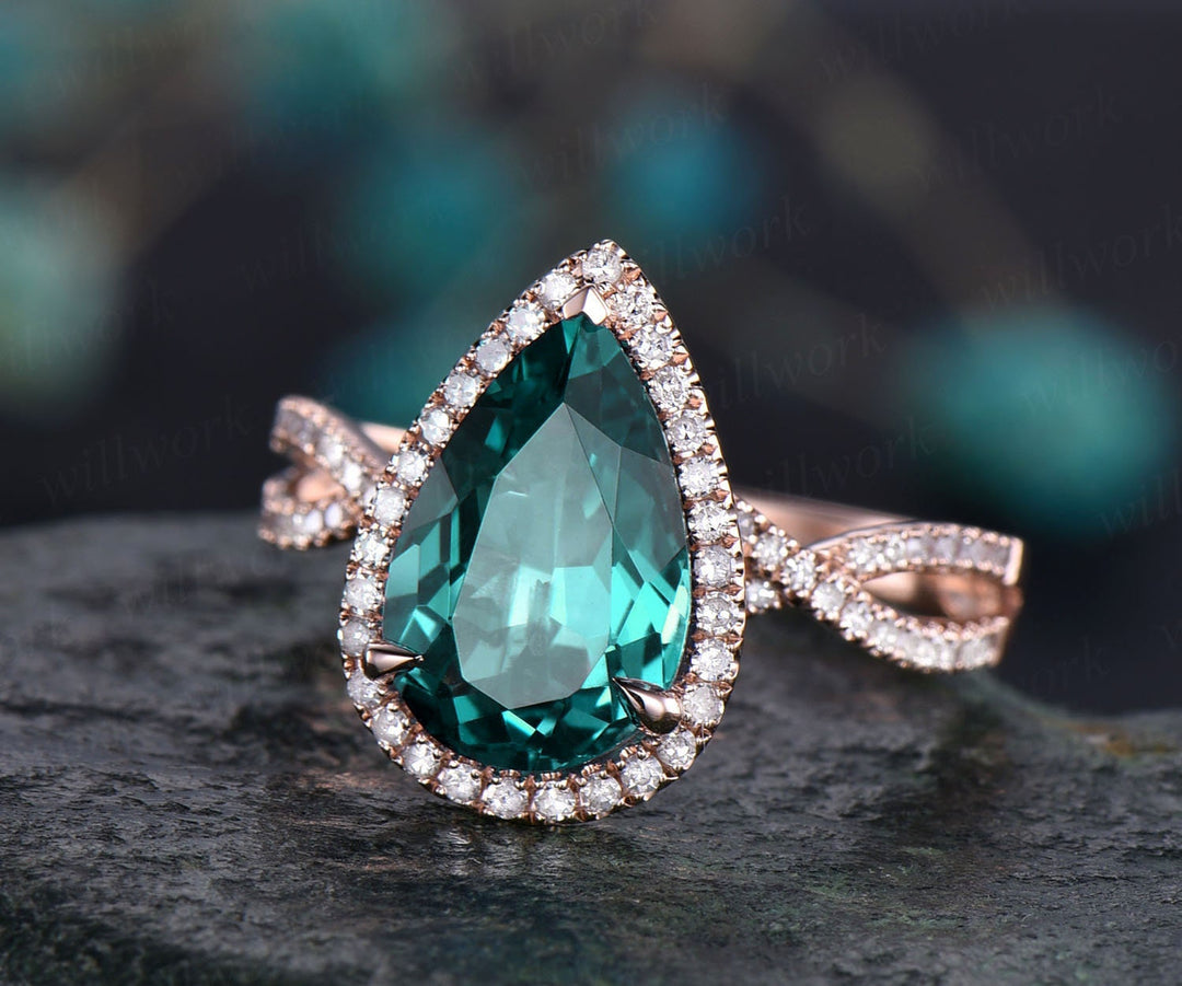 Emerald engagement ring 14k rose gold diamond halo ring split shank vintage May birthstone promise wedding bridal anniversary ring jewelry