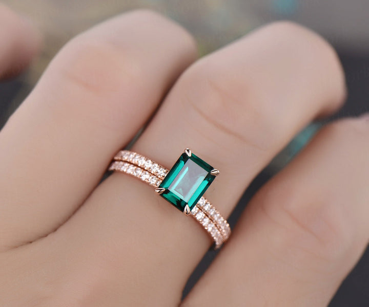 2pcs diamond ring emerald cut emerald engagement ring 14k rose gold May birthstone ring vintage emerald wedding bridal set custom jewelry