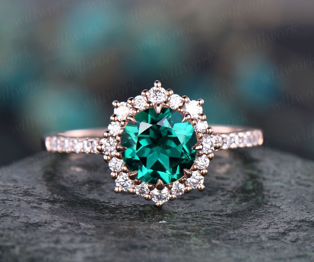 Round emerald engagement ring for women rose gold ring moissanite halo ring May birthstone ring unique emerald jewelry anniversary gift