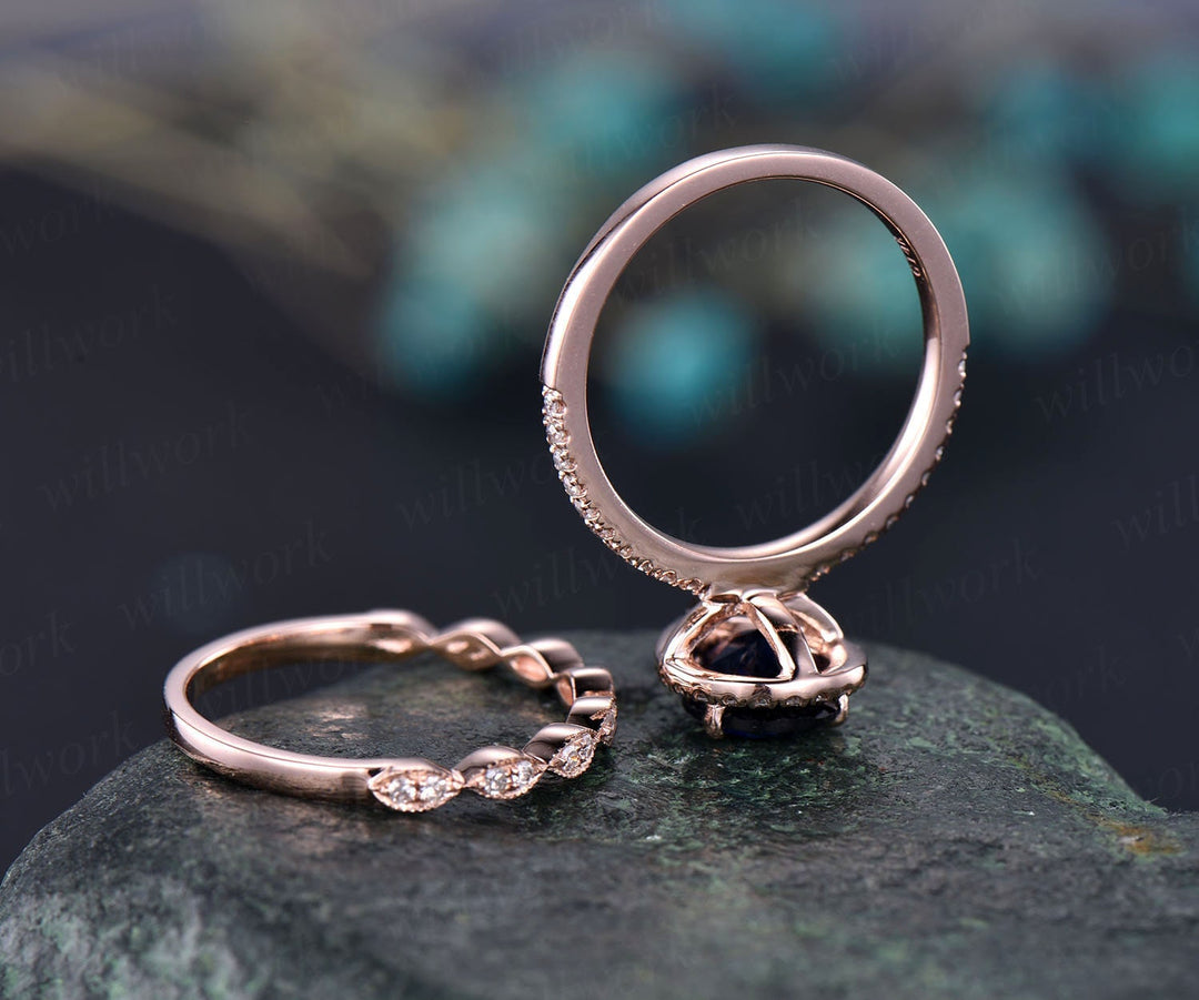 6x8mm sapphire engagement ring 14k rose gold real diamond halo ring Lab sapphire ring gold anniversary wedding women promise ring jewelry