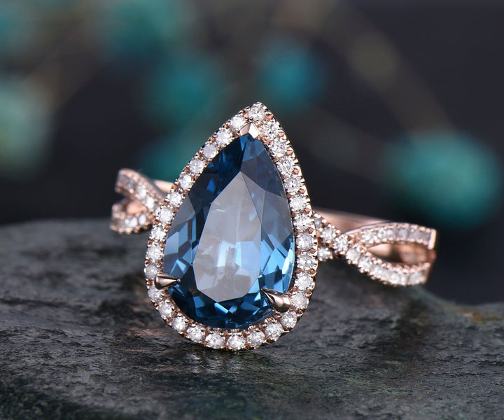 Infinity Diamond halo ring 8x12mm pear London blue topaz engagement ring 14k rose gold topaz ring gold vintage November birthstone ring gift