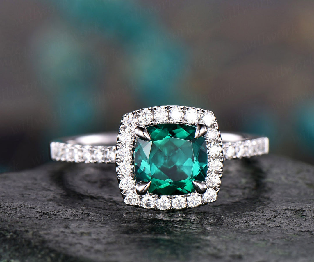 7mm cushion cut emerald engagement ring solid 14k rose gold moissanite halo ring emerald ring gold vintage bridal wedding promise ring