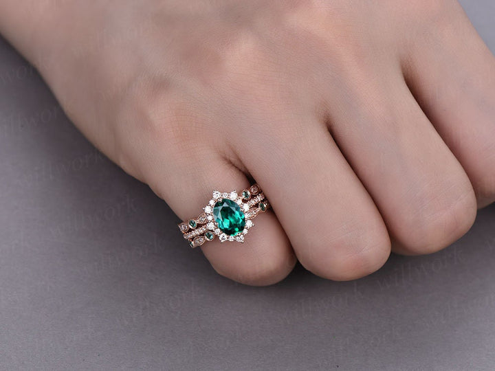 3pc Halo cluster emerald engagement ring rose gold moissanite halo ring natural emerald diamond wedding band vintage women bridal ring set