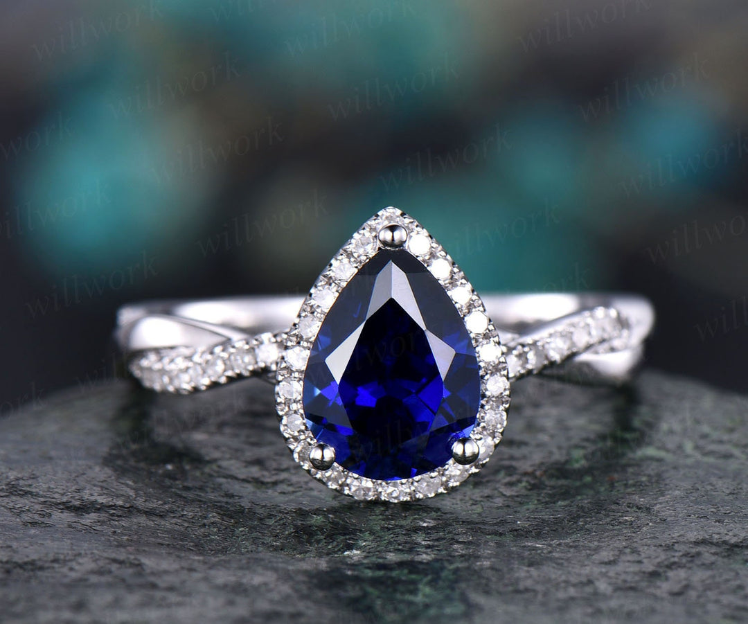 Pear shaped sapphire engagement ring vintage sapphire jewelry twisted infinity diamond ring rose gold bridal ring September birthstone ring