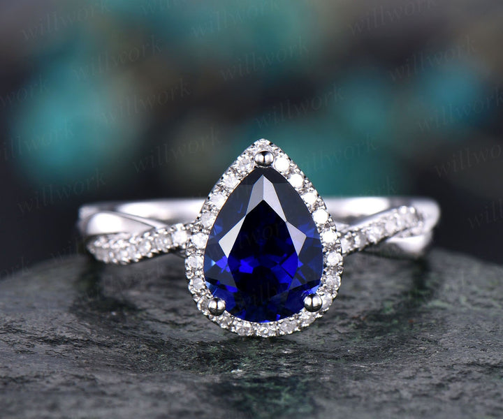 Pear shaped sapphire engagement ring vintage sapphire jewelry twisted infinity diamond ring rose gold bridal ring September birthstone ring