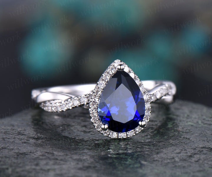 Pear shaped sapphire engagement ring vintage sapphire jewelry twisted infinity diamond ring rose gold bridal ring September birthstone ring