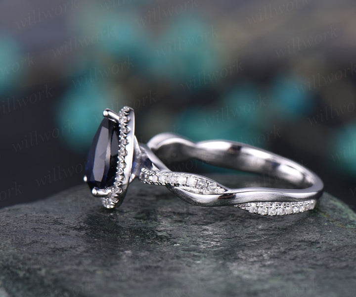 Pear shaped sapphire engagement ring vintage sapphire jewelry twisted infinity diamond ring rose gold bridal ring September birthstone ring