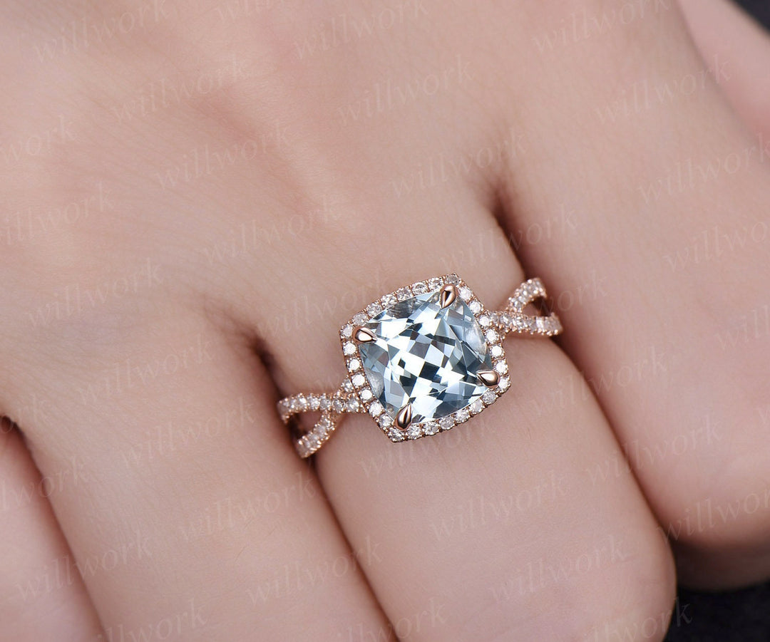 8mm cushion halo cluster aquamarine engagement ring 14k rose gold halo infinity diamond unique March birthstone wedding ring band for women