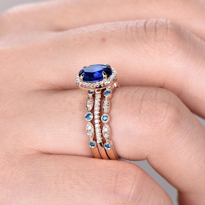 3pcs blue sapphire ring vintage sapphire engagement ring set rose gold for women diamond halo natural sapphire wedding band bridal ring set