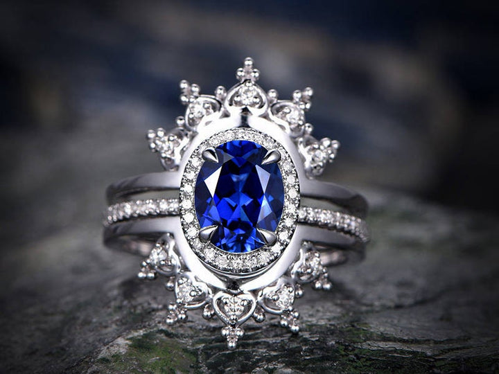 Blue sapphire engagement ring set white rose gold 2pc sapphire ring gold vintage diamond halo flower crown women wedding bridal ring set