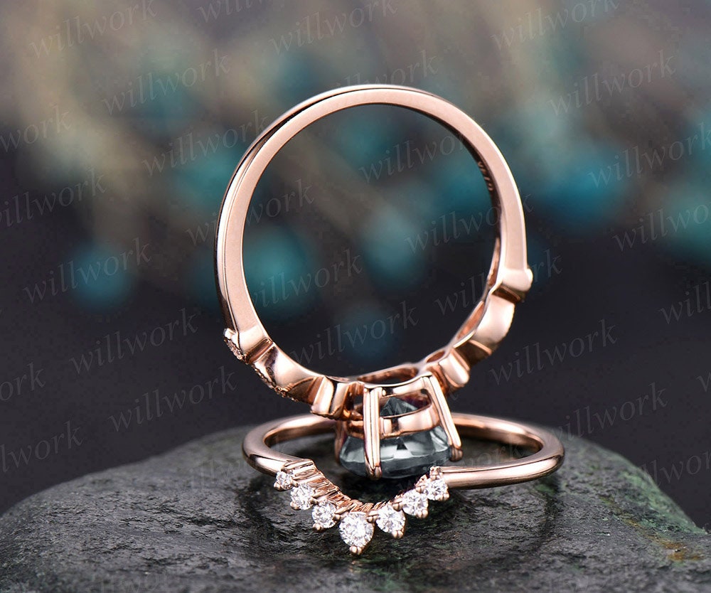 2pc aquamarine ring gold vintage aquamarine engagement ring set rose gold marquise diamond crown matching stacking wedding bridal ring set
