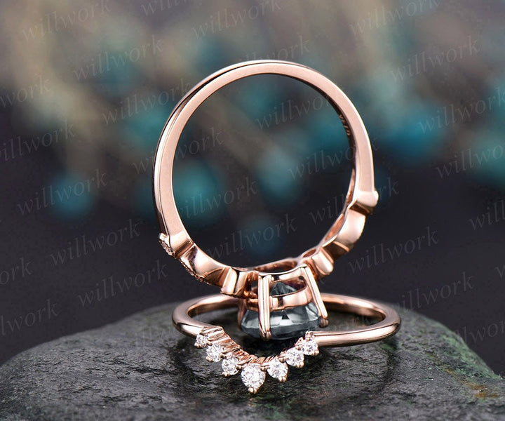 2pc aquamarine ring gold vintage aquamarine engagement ring set rose gold marquise diamond crown matching stacking wedding bridal ring set