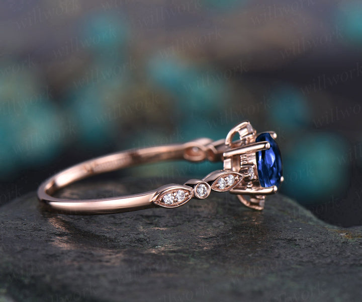 Art deco blue sapphire ring gold vintage sapphire engagement ring 14k rose gold diamond ring unique design for women wedding bridal ring