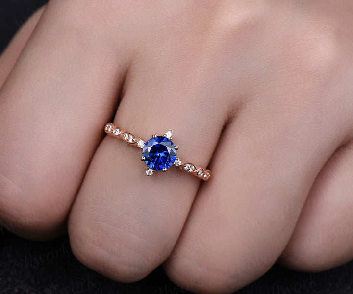 Art deco blue sapphire ring gold vintage sapphire engagement ring 14k rose gold diamond ring unique design for women wedding bridal ring