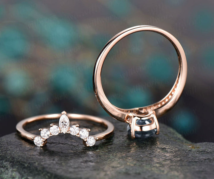 2pc aquamarine engagement ring set rose gold diamond ring split shank moissanite band vintage stack crown wedding bridal promise ring set