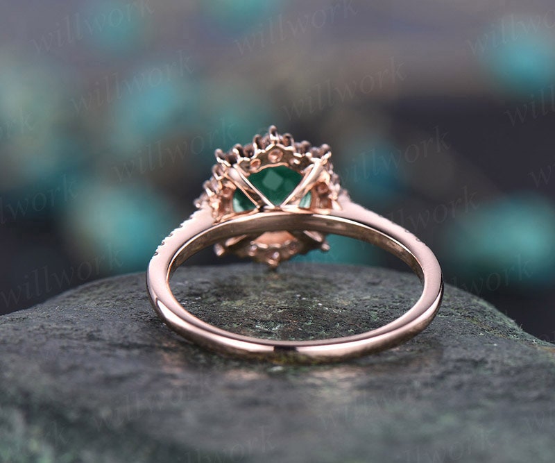 Round emerald engagement ring for women rose gold ring moissanite halo ring May birthstone ring unique emerald jewelry anniversary gift
