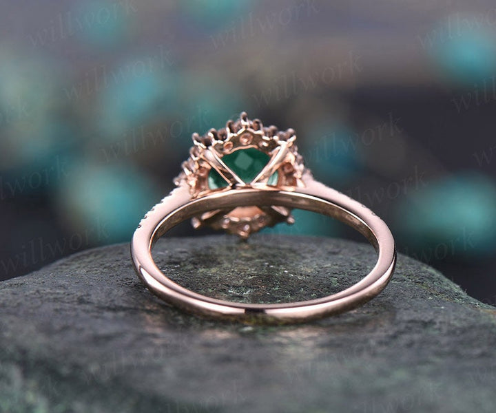 Round emerald engagement ring for women rose gold ring moissanite halo ring May birthstone ring unique emerald jewelry anniversary gift