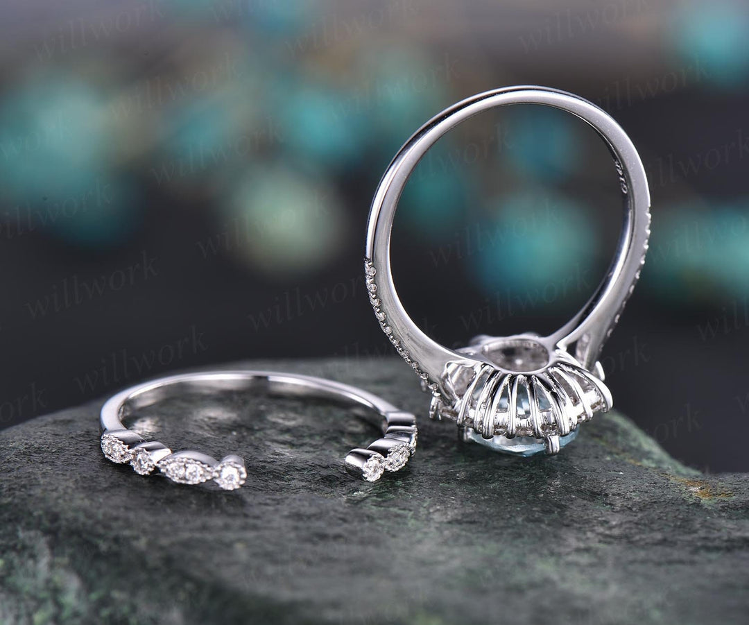 Cluster moissanite halo ring 2pc aquamarine engagement ring set white rose gold aquamarine ring vintage open gap diamond wedding ring band