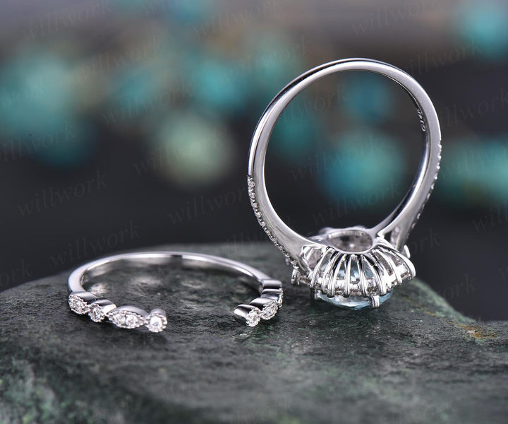 Cluster moissanite halo ring 2pc aquamarine engagement ring set white rose gold aquamarine ring vintage open gap diamond wedding ring band