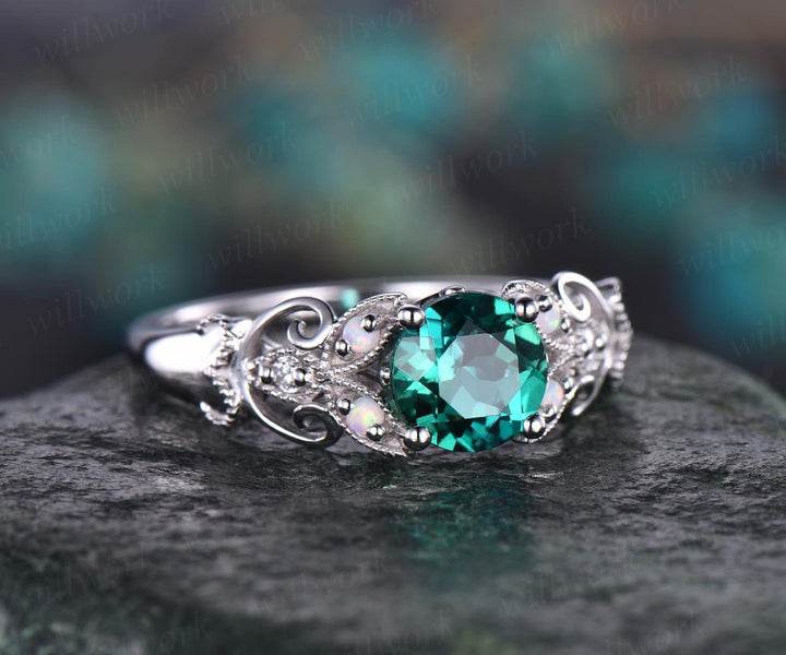 Opal ring real diamond ring round emerald engagement ring solid white rose yellow gold May birthstone ring butterfly wedding ring band gift