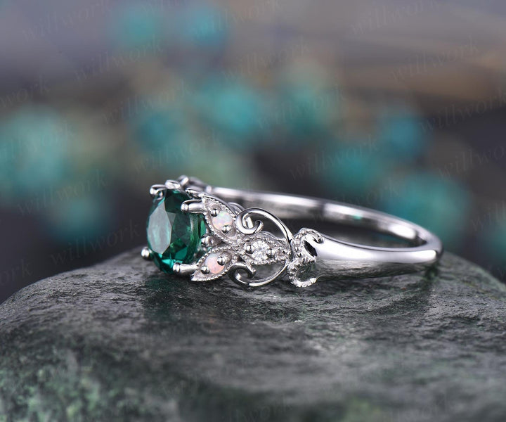 Unique vintage opal engagement ring emerald engagement ring  rose gold butterfly diamond ring wedding anniversary gift May birthstone ring