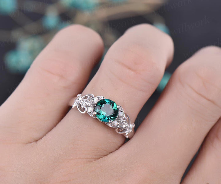 Opal ring real diamond ring round emerald engagement ring solid white rose yellow gold May birthstone ring butterfly wedding ring band gift