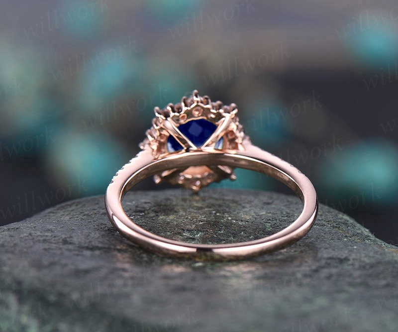 Round halo cluster blue sapphire engagement ring 14k rose gold ring moissanite ring band sapphire ring gold women vintage gold jewelry gift