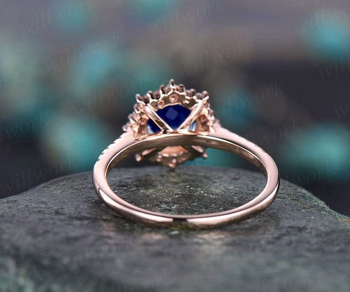 Round halo cluster blue sapphire engagement ring 14k rose gold ring moissanite ring band sapphire ring gold women vintage gold jewelry gift