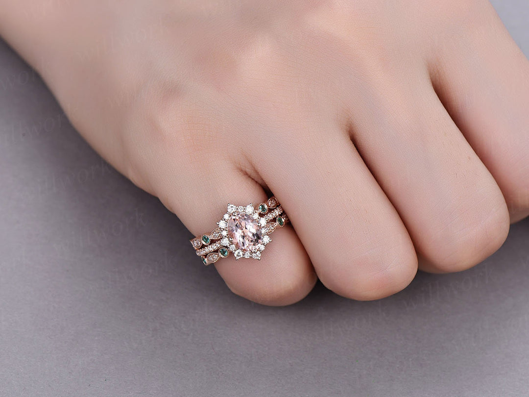 3pc Halo cluster moissanite ring natural emerald ring pink morganite engagement ring rose gold matching wedding band vintage bridal ring set
