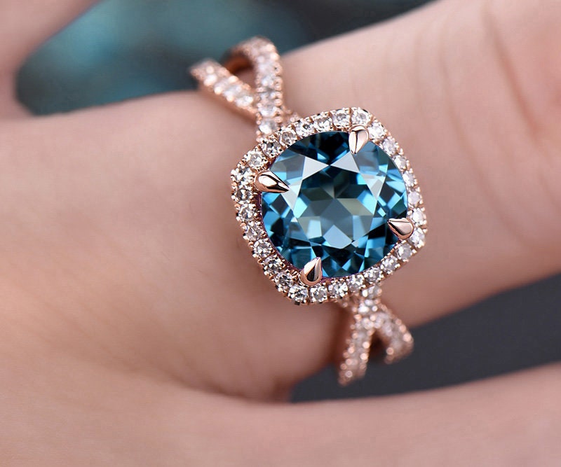London blue topaz engagement ring rose gold round topaz ring women vintage unique infinity diamond halo November birthstone wedding ring