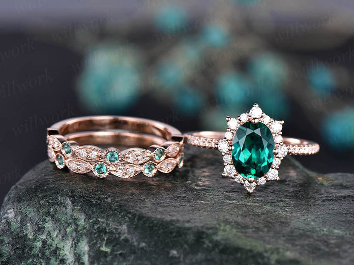 3pc Halo cluster emerald engagement ring rose gold moissanite halo ring natural emerald diamond wedding band vintage women bridal ring set