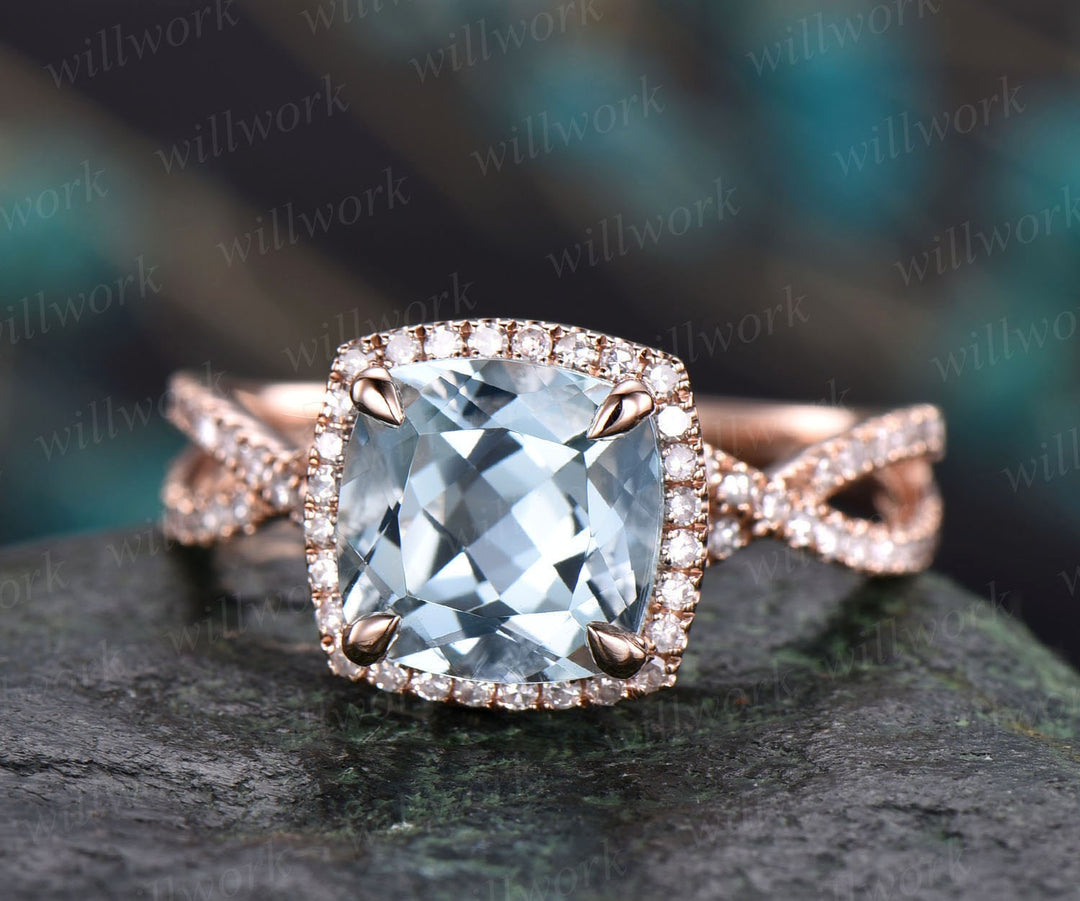 8mm cushion halo cluster aquamarine engagement ring 14k rose gold halo infinity diamond unique March birthstone wedding ring band for women