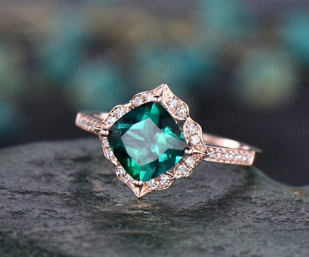 Flower cluster diamond halo ring green emerald engagement ring rose gold cushion emerald ring vintage antique May birthstone wedding ring