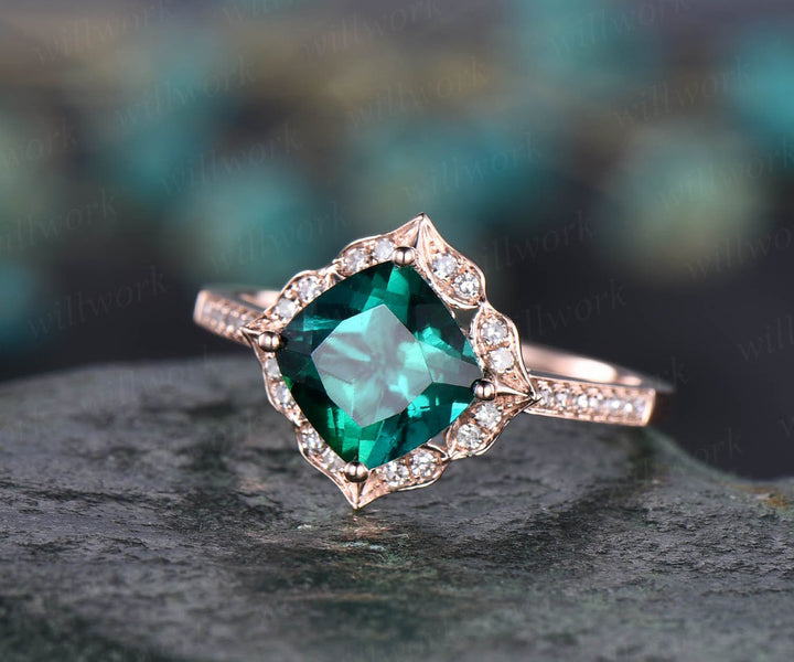 Flower cluster diamond halo ring green emerald engagement ring rose gold cushion emerald ring vintage antique May birthstone wedding ring
