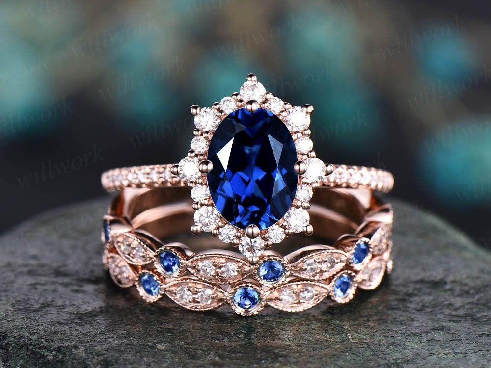3pc Halo cluster sapphire engagement ring rose gold moissanite