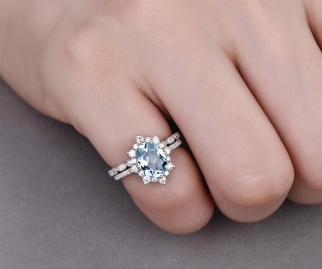 Cluster moissanite halo ring 2pc aquamarine engagement ring set white rose gold aquamarine ring vintage open gap diamond wedding ring band