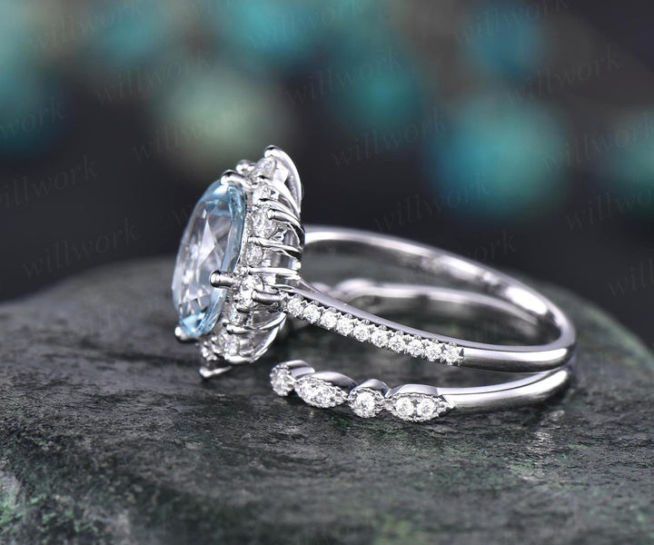 Cluster moissanite halo ring 2pc aquamarine engagement ring set white rose gold aquamarine ring vintage open gap diamond wedding ring band