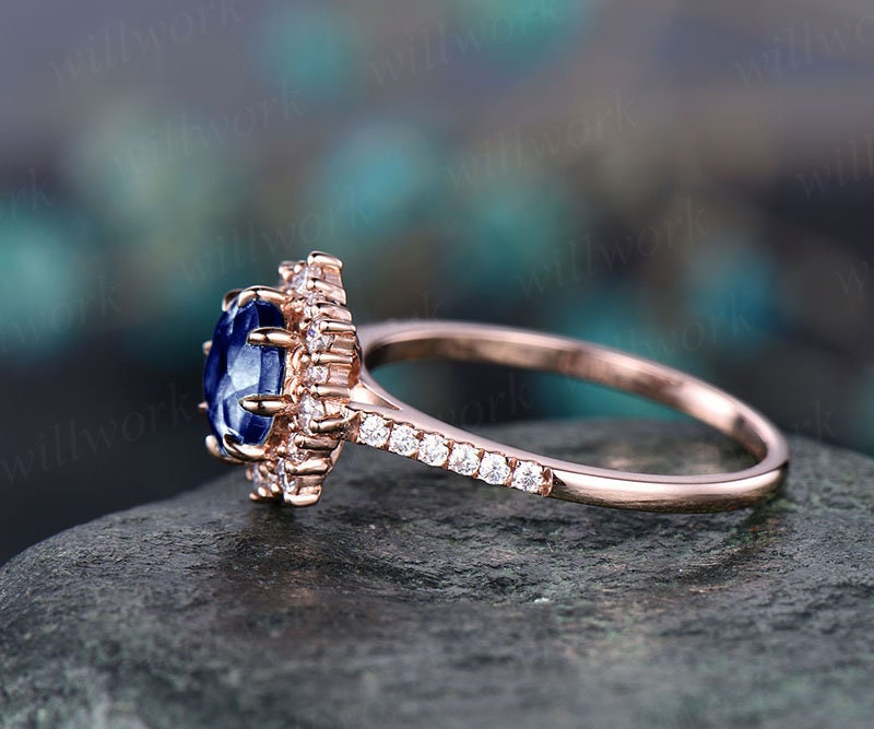 Round halo cluster blue sapphire engagement ring 14k rose gold ring moissanite ring band sapphire ring gold women vintage gold jewelry gift