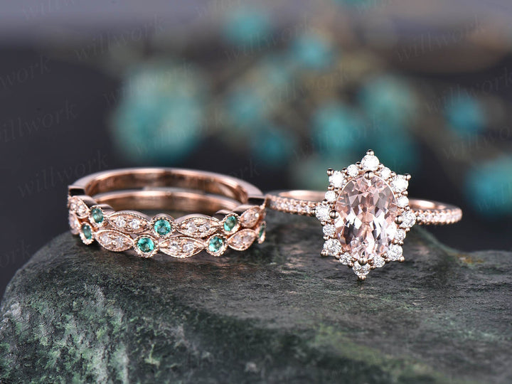3pc Halo cluster moissanite ring natural emerald ring pink morganite engagement ring rose gold matching wedding band vintage bridal ring set