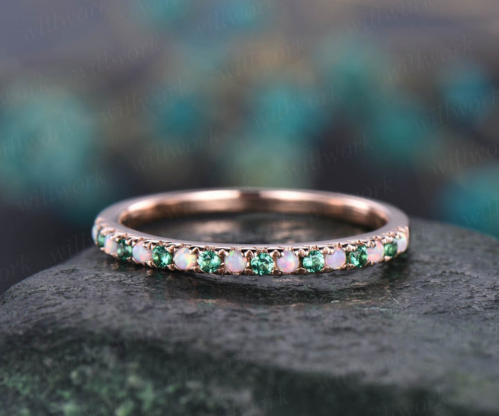 Opal ring for women emerald wedding ring band half eternity rose gold art deco opal wedding band May birthstone ring promise ring band gift