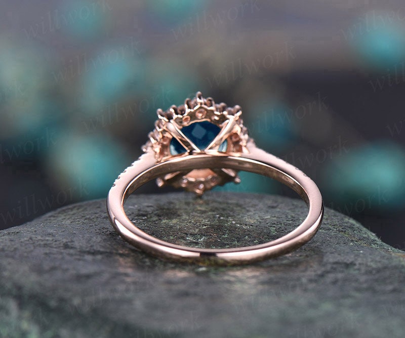 Cluster moissanite halo ring London blue topaz engagement ring rose gold topaz ring gold women vintage gold wedding November birthstone ring